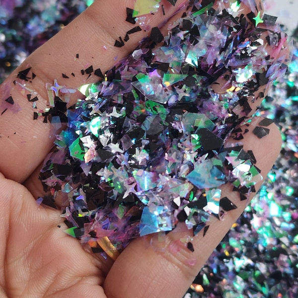 10g Galaxy Star glitter & Cellophane Mix, Solvent Resistant Iridescent Chunky Glitter Sprinkle, Resin, Nail Art, Slime, Craft Supplies