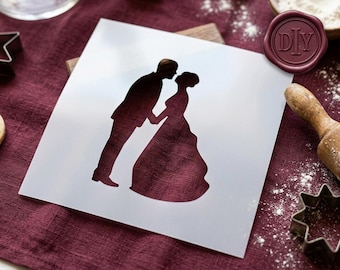 Kissing Couple Wedding Stencil, Bride Groom Silhouette Template for DIY Cookies Cakes Anniversary Cards, Reusable Mylar Crafting Stencil