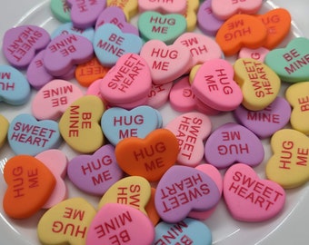 Multicolor Message Hearts Resin Cabochons, Large Resin Saying Hearts, Valentine Fake Candy Hearts, Resin Valentine Conversation