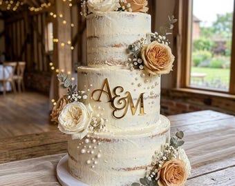 Custom Double Initial Cake Toppers | Mirror Gold Acrylic Monogram | Semi-Naked Cake Decor | Flat Back Letters for Wedding Cake | Cake Charms