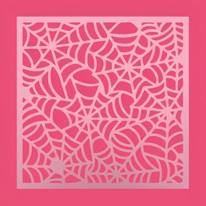 Peut inclure: Un fond rose avec une découpe carrée blanche. La découpe présente un motif répétitif de lignes blanches qui créent un design en forme de toile d'araignée.