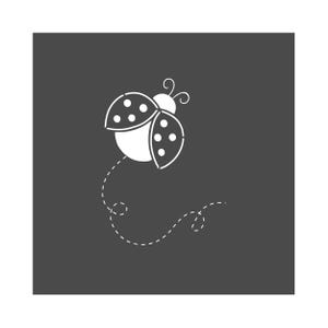 May include: A white, stylised ladybird illustration on a dark grey background. The ladybird has dotted wings and a dotted flight path. The design is simple and graphic, suitable for various applications.