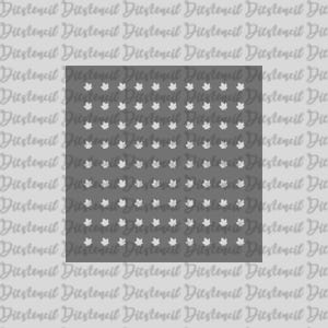 May include: A grey stencil with a repeating pattern of white maple leaves. The leaves are evenly spaced within a square shape, creating a symmetrical design. The background has a faded text overlay.