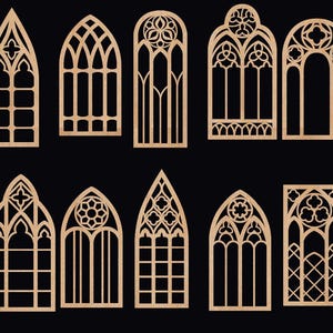 May include: Set of twelve wooden cutout arched window designs. The windows are in various styles with different patterns and designs. The windows are all in a light brown colour.