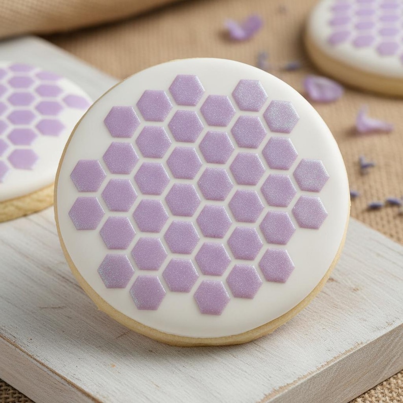 May include: A round sugar cookie with white icing and a lavender honeycomb pattern. The cookie sits on a white wooden surface, with a second cookie visible in the background. The overall theme is baked goods.