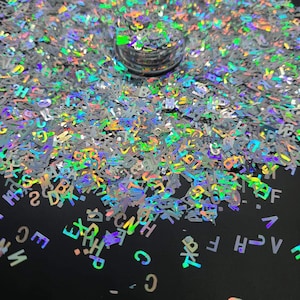 Glitter prateado holográfico do alfabeto, letras, brilho resistente a solventes, suprimentos para artesanato