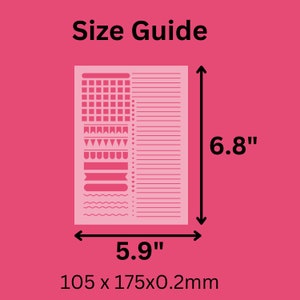 May include: Size guide for a pink planner with various sections for notes, lists, and other organizational tasks. The planner measures 6.8 inches by 5.9 inches and is 0.2 mm thick.