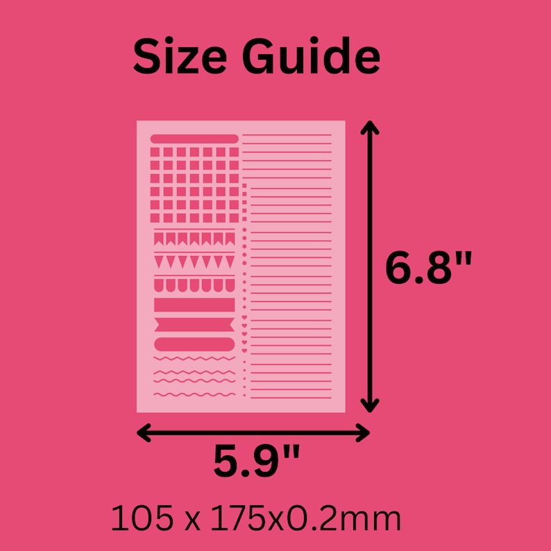 May include: Size guide for a pink planner with various sections for notes, lists, and other organizational tasks. The planner measures 6.8 inches by 5.9 inches and is 0.2 mm thick.