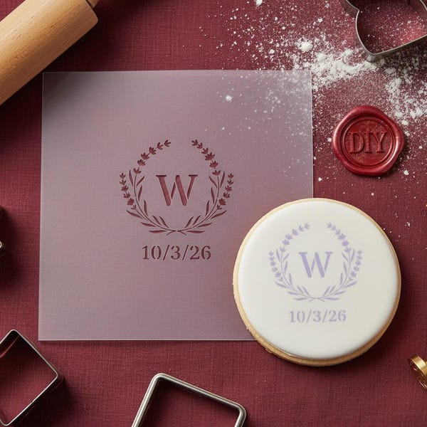 Lavender Monogram with Date, Cake Decorating Stencil for Royal Icing and Fondant, Reusable 10mil Mylar Wedding