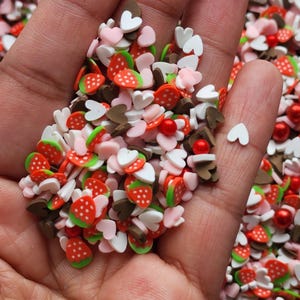 Saupoudrage de bouchées de gâteau au fromage aux fraises, fournitures créatives, NON COMESTIBLE, saupoudrage d'argile coeurs fraises et mélange, confettis coeurs et fruits colorés