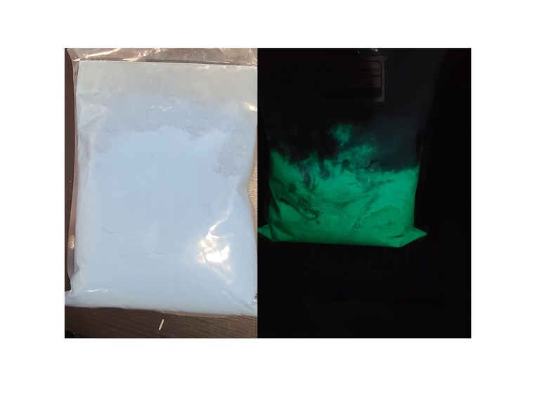 May include: A white powder in a clear plastic bag glows green under a black light. The powder is a glow-in-the-dark pigment.