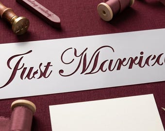 Just Married Stencil for DIY Wedding Signs, Bridal Shower Decor, Wedding Reception Supplies, Reusable Mylar Craft Template for Wood Decor