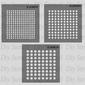 May include: Three gray metal stencils with different sized circles. The stencils are labeled with the circle size in inches: 0.2 inch, 0.3 inch, and 0.4 inch.