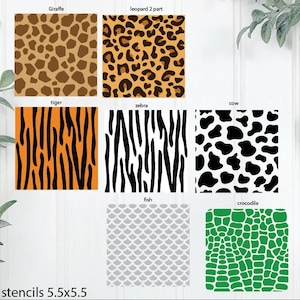 May include: A set of animal print stencils, each 14 x 14 cm. Designs include giraffe, leopard, tiger, zebra, cow, fish scales, and crocodile skin patterns. The stencils are displayed on a white background.