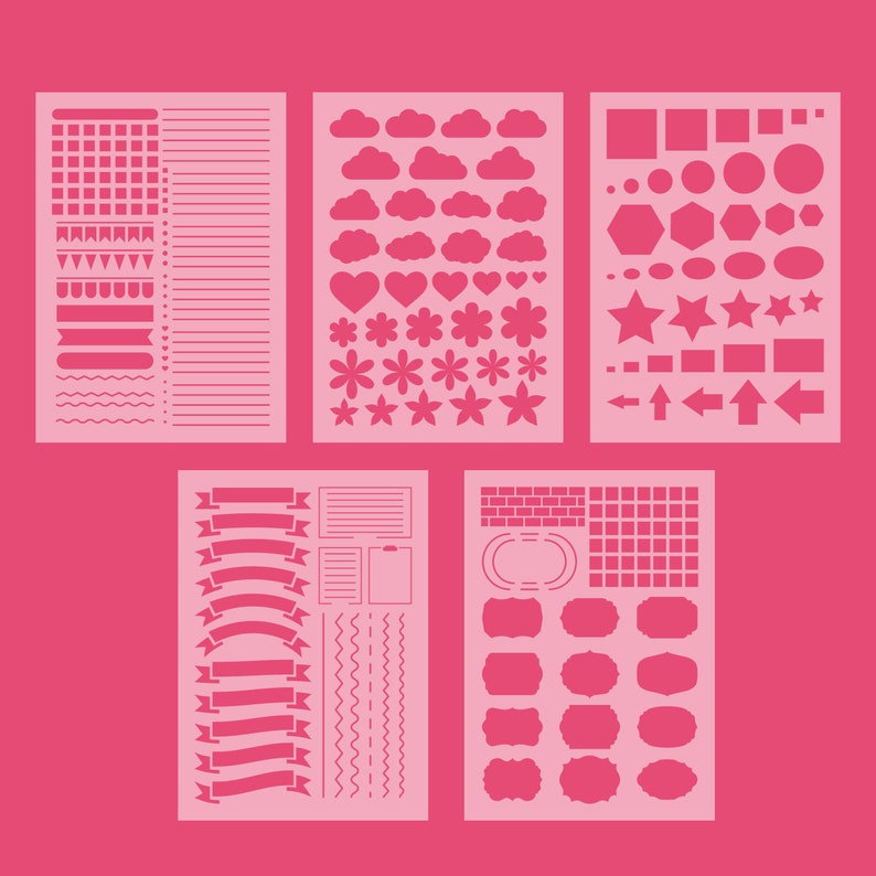 May include: Six white stencils on a pink background. The stencils feature various shapes and designs, including clouds, hearts, stars, flowers, banners, lines, squares, circles, and frames.