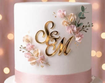 Custom Double Initial Cake Toppers | Cake Topper - Modern Calligraphy | Personalized Mirror Gold Cake Charm | Monogram Wedding Topper