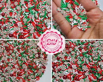 Christmas Peppermint Sprinkle Mix,  Craft Supplies, Red and Green Polymer Clay Sprinkles Mix, NON EDIBLE Clay Sprinkles, Christmas Mix