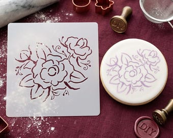 Rose Cookie Stencil - PYO Floral Botanical Design for Decorating - Premium Reusable Mylar Stencil for Royal Icing and Airbrushing