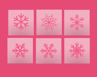 以下が含まれることがあります： ピンクの背景に6つのピンクの雪の結晶のデザイン。それぞれの雪の結晶は異なるデザインです。