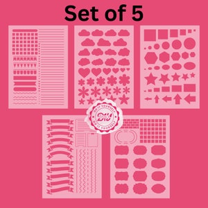 May include: Set of five DIY stencils for crafting. The stencils include a variety of shapes, including clouds, hearts, flowers, stars, rectangles, circles, arrows, banners, and borders. The stencils are made of a durable, reusable material and are perfect for use with paint, ink, or other crafting mediums.