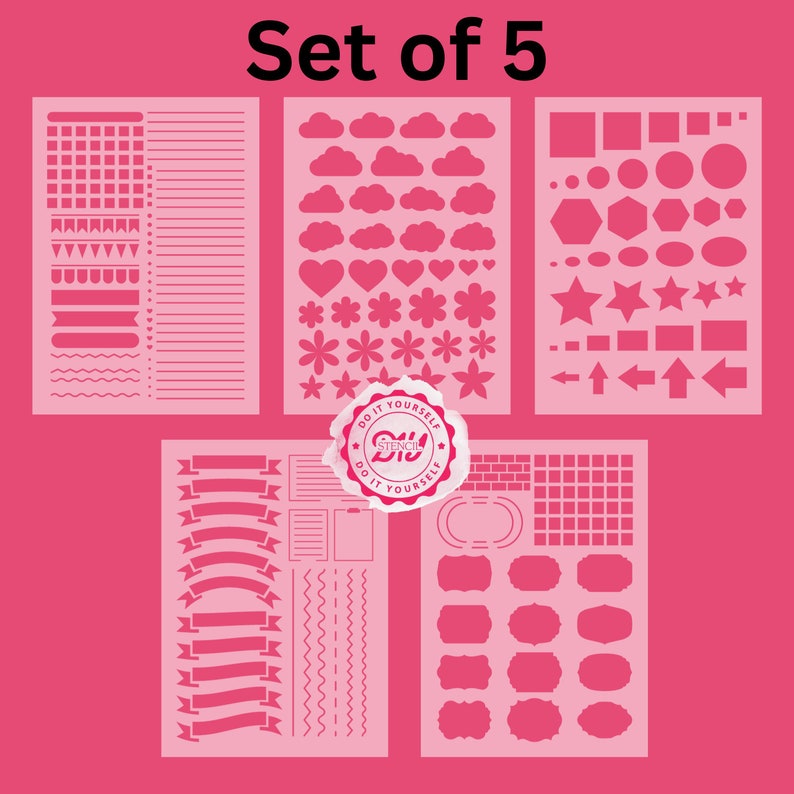 May include: Set of five DIY stencils for crafting. The stencils include a variety of shapes, including clouds, hearts, flowers, stars, rectangles, circles, arrows, banners, and borders. The stencils are made of a durable, reusable material and are perfect for use with paint, ink, or other crafting mediums.