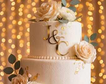 Custom Double Initial Monogram Wedding Cake Topper - Modern Calligraphy | Personalized Mirror Gold Cake Charm