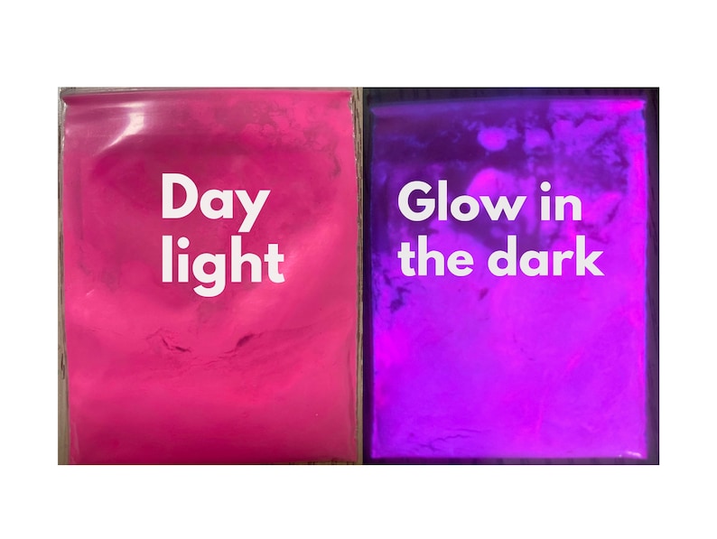 May include: Two small bags of pink glow-in-the-dark powder. The bag on the left shows the powder in daylight, and the bag on the right shows the powder glowing in the dark.