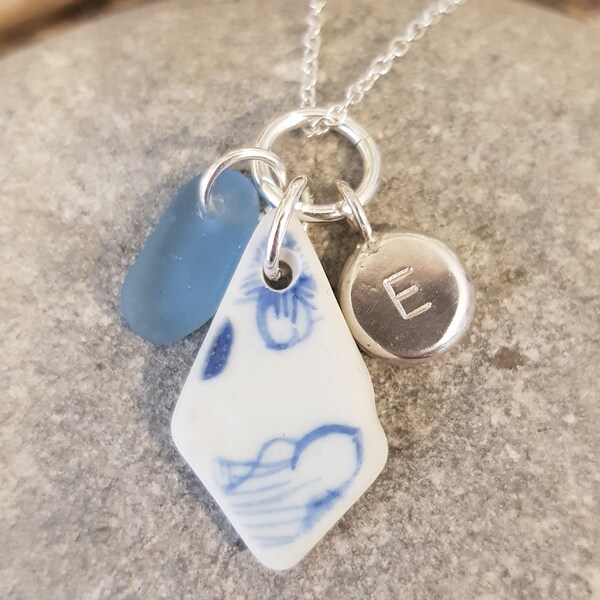 Sea pottery,  seaglass and silver pebble personalised pendant