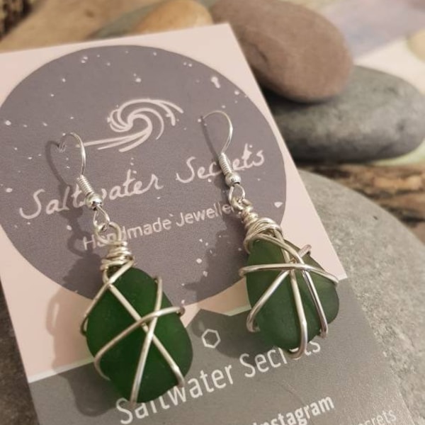 Green seaglass wirewrap earrings