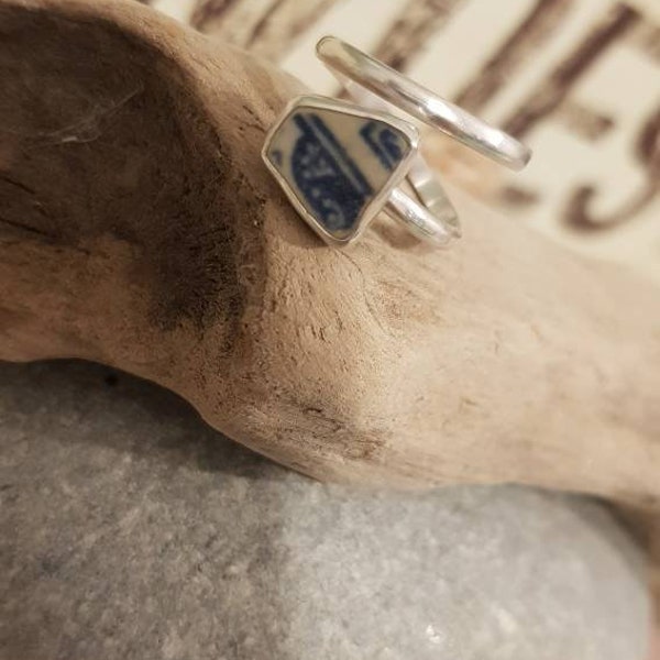 Sea pottery ring Sterling silver adjustable