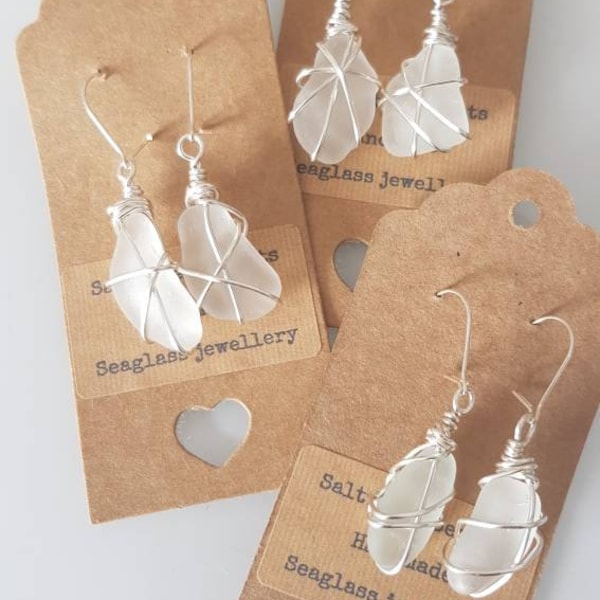 White seaglass wire wrap earrings