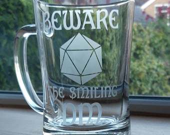 Custom Beware the Smiling DM - Dungeons and Dragons inspired rpg, board game, etched glass.