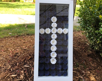 Floral Shadow Box, Rolled Paper Flowers, White Cross, Blue Paper Flowers, Shadow Box Art