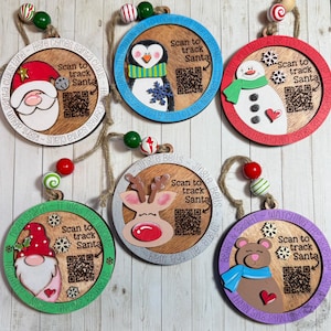 Santa Tracker Christmas Ornament, Scannable QR Code, Layered Birch Wood, Hand Painted Holiday Decor, Kids Gift, Choose Your Design
