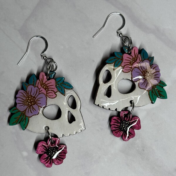 Hand Painted Skull Dangle Earrings, Laser Cut Wood Jewelry, Floral Gothic Statement Gift