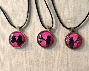 Bird Necklace, Hand Painted Necklace, Wearable Art, Pink, Blue, Black Bird, Owl