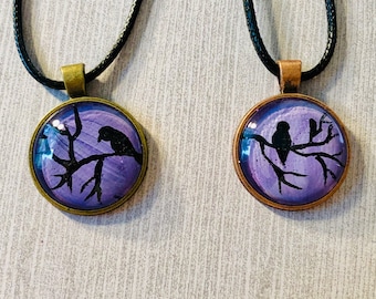 Hand Painted Bird Pendant, Wearable Art Necklace, Purple, Black Bird