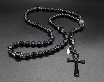 The Black Crow Catholic Rosary made of Agate, Hematite, Black Onyx and Black Onyx matte Gemstones, Stainless Steel black Ankh Cross.