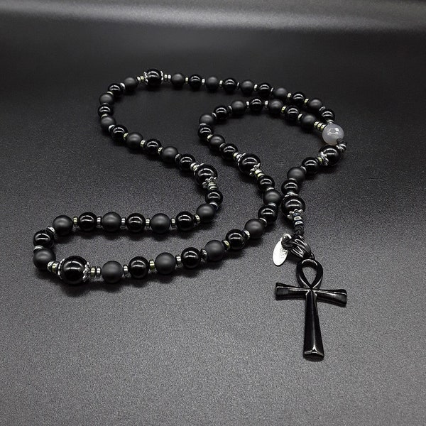 The Black Crow Catholic Rosary made of Agate, Hematite, Black Onyx and Black Onyx matte Gemstones, Stainless Steel black Ankh Cross.