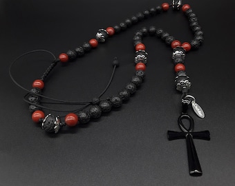 The Ankh 5 Decade Catholic Rosary made of Lava Stone from Mt Vesuvius, Carnelian, 925 Silver and a black Ankh Cross - Rosary Necklace