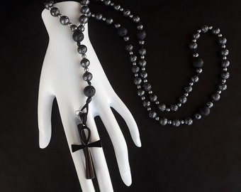 The galvanized Ankh (alt.) 5 Decade Catholic Rosary made of high quality Volcanic Lava stones combined with Stainless Steel black Ankh Cross