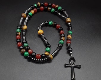 The Multicolored Ankh 5 Decade Catholic Rosary made of Black Onyx, Tiger's Eye, Carnelian, Malachite, Hematite, black Ankh Cross.