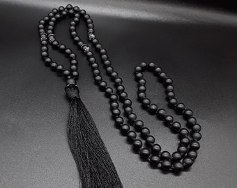 The Black Onyx 108 Zen Mala Tassel Necklace made of Triple-A high quality Black Onyx (matte) and stainless steel, Yoga Wrap Bracelet