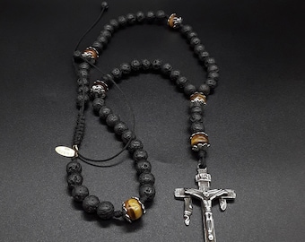 The Crucifix Cross Catholic Rosary made of pure Tiger's Eye, Black Lava Stones, Stainless Steel Crucifix Cross, Antique Silver.