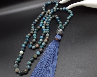 The Apatite 108 Mala Tassel Necklace made of Triple-A high quality Natural Apatite and pure Labradorite, Yoga Wrap Bracelet.