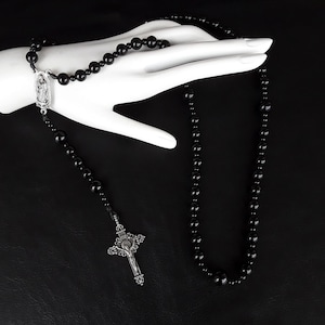 The Dark 5 Decade Catholic Rosary of Our Lady of Guadalupe made of Black Onyx Stainless Silver Cross and Stainless Silver medal of Our Lady