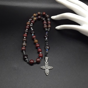 The Byzantine Anglican elite Rosary (v3) made of Iron Tiger, Natural Garnet, Swarovski crystals, stainless and solid 925 silver Cross.