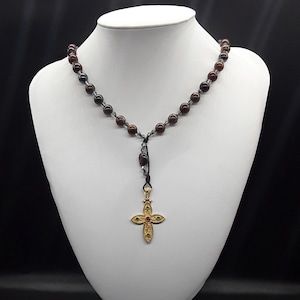 The Byzantine Orthodox elite Rosary (v2) made of Iron Tiger, Natural Garnet, Swarovski crystals, 925 silver Cross, gold plated and zirconia