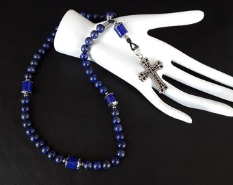 The Sanctum Orthodox (v. 50)Rosary made of Lapis Lazuli, Hematite, 925 Silver, Silver Stainless Vintage Silver Steel Cross