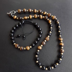 PERSEPHONE– Complete set (necklace and bracelet) of 8mm high quality beads of Black Onyx, Tiger’s Eye and Hematite (Limited Edition)